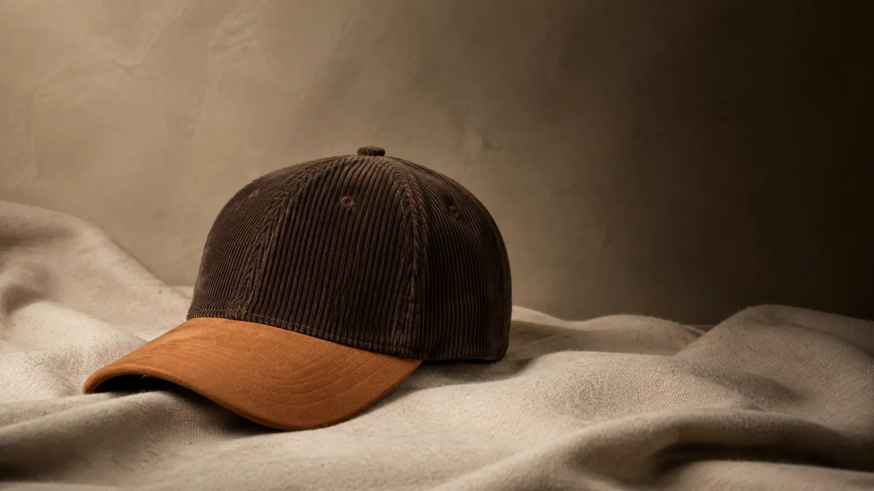 Chocolate corduroy baseball cap with a caramel suede brim