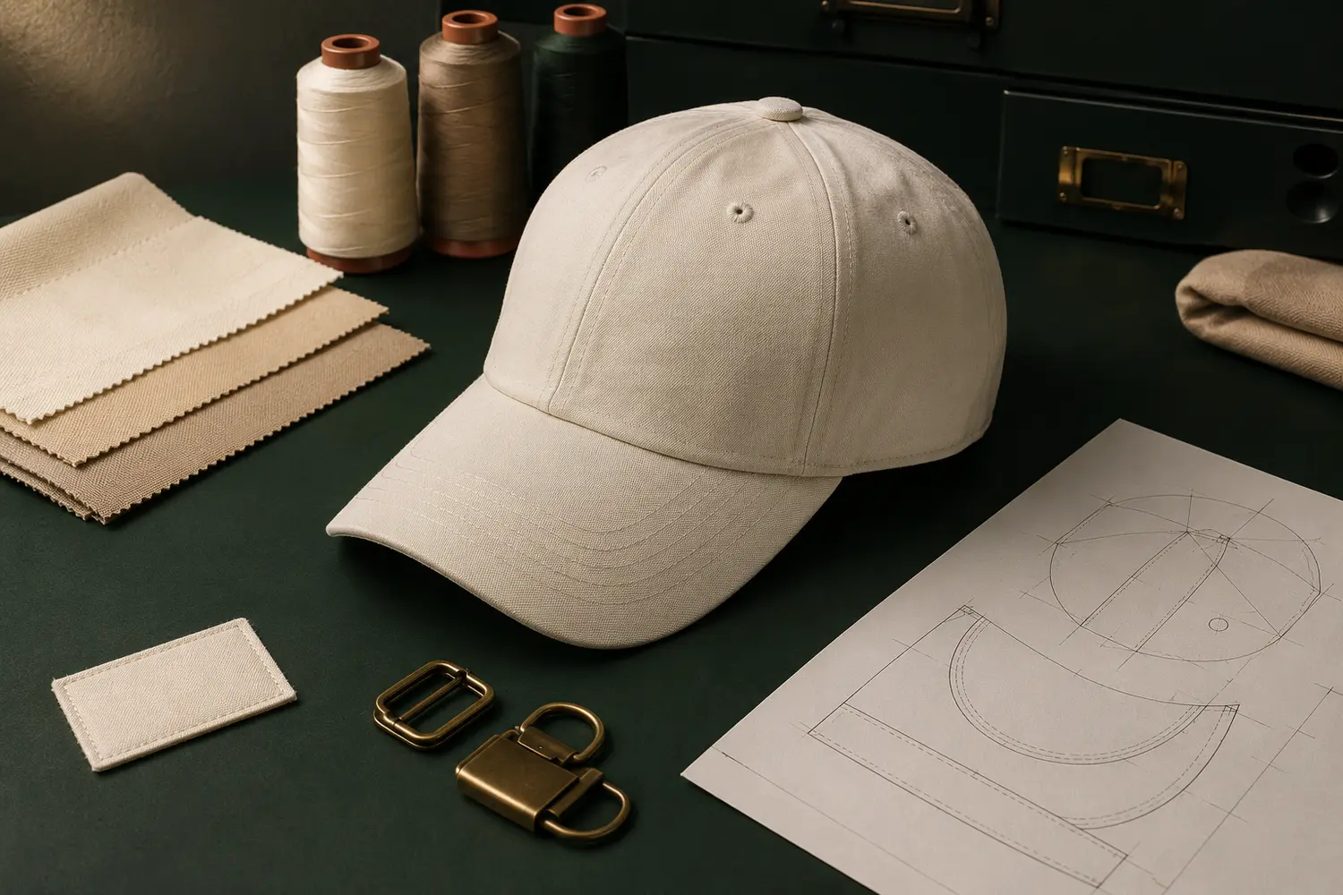Fully custom headwear development with fabrics, trims and production specifications
